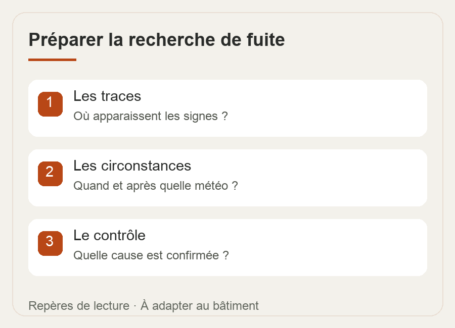 Préparer la recherche de fuite — schéma des étapes à vérifier