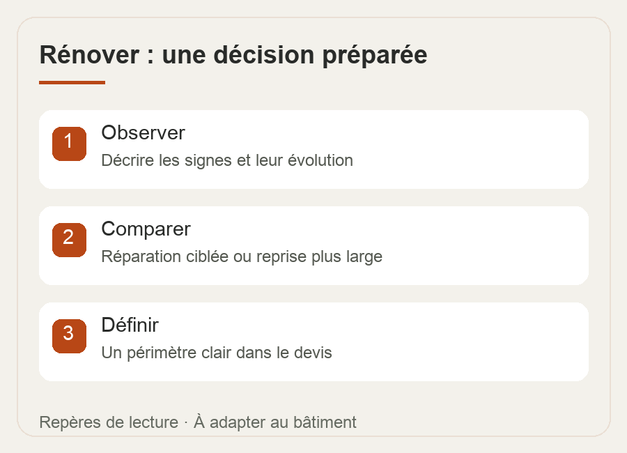 Rénover : une décision préparée — schéma des étapes à vérifier